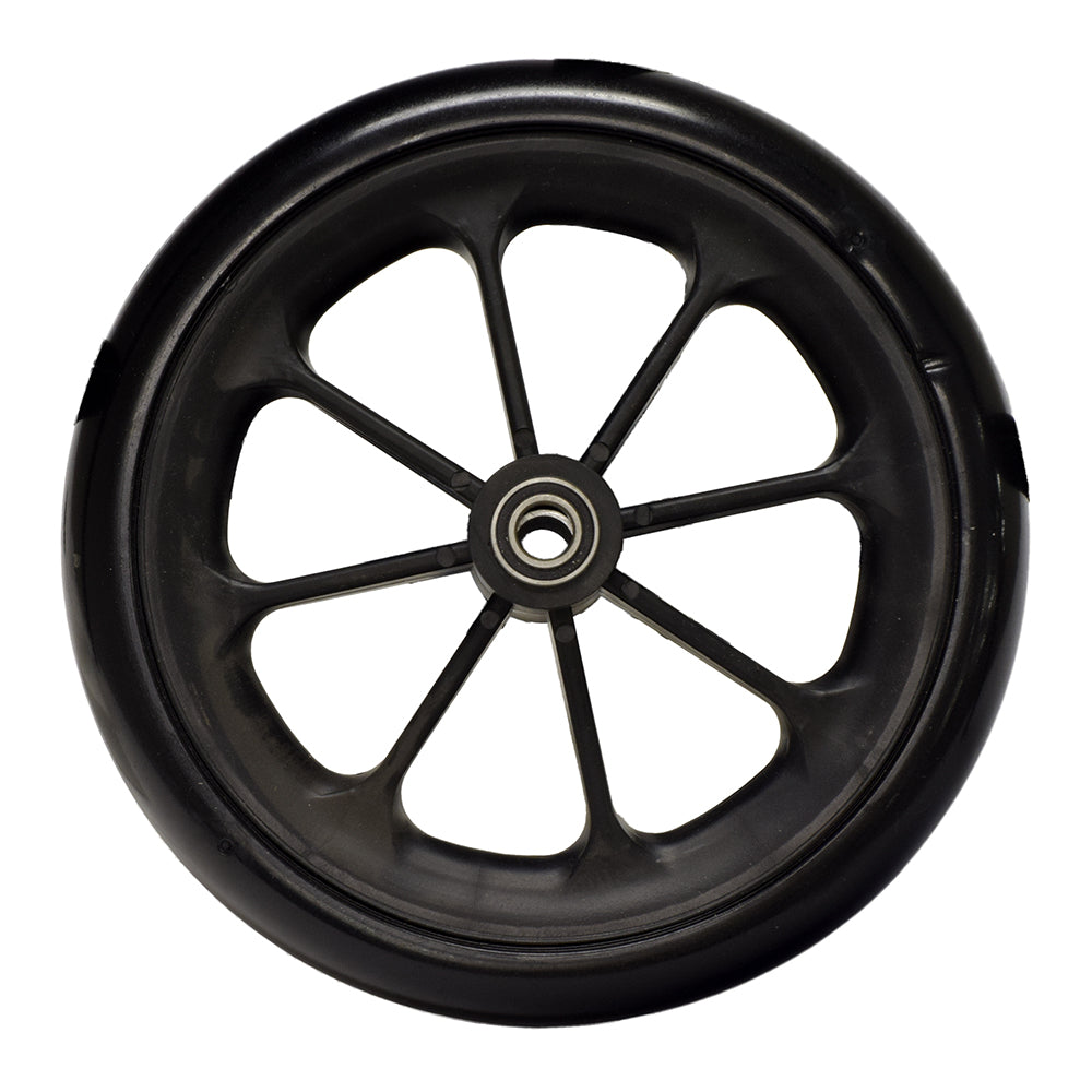 8 Front Caster Wheel Assembly with 11mm Bearings for the Drive Cirrus IV, Cruiser X4, & Silver Sport 2 Manual Wheelchair, featuring a black wheel with a metal center and black rim.