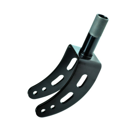 Front Caster Fork for Merits Power Chairs in black metal, featuring multiple holes. Suitable for both left and right sides, compatible with models like Regal (P310) and Dualer (P312).