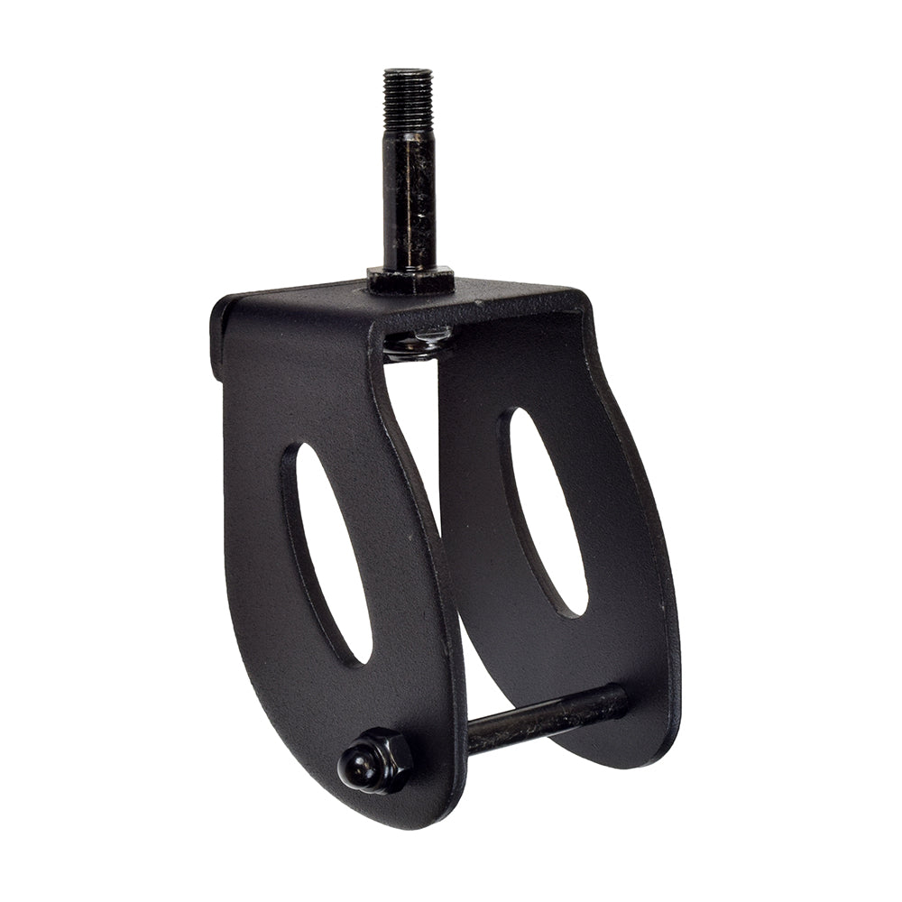 Front Caster Fork for the Merits Vision Sport (P326A) power chair, featuring a black metal structure with multiple holes, including an axle bolt and nut, designed for both left and right side use.