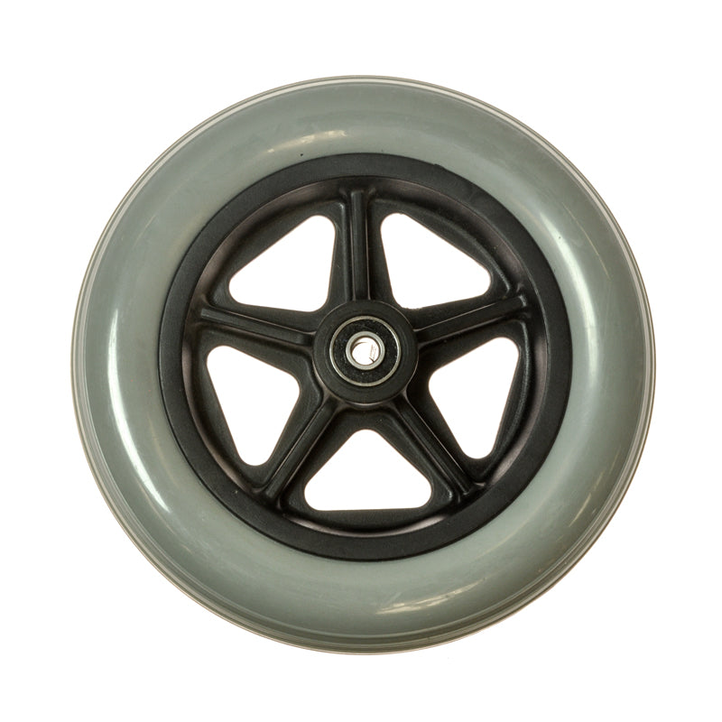 7 Front Caster Wheel for the Drive Cougar Wheelchair, featuring a black rim and durable design, shown in a close-up view. Ideal OEM replacement part for smooth maneuverability and reliable performance.