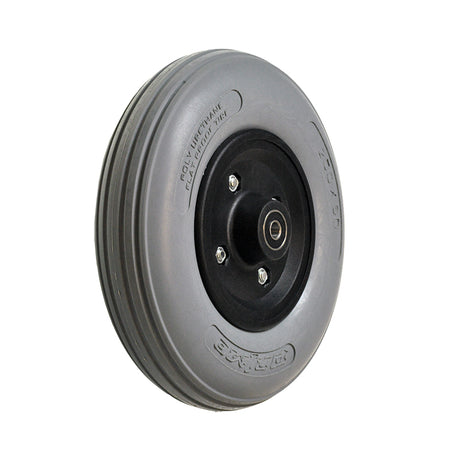 Close-up of an 8x2 (200x50) front caster wheel for the Drive Deluxe Sentra Heavy Duty Extra Extra Wide Bariatric Wheelchair, featuring a black rubber tire and designed for sturdy mobility.