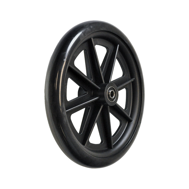 8 Front Caster Wheel for the Drive Poly-Fly High Strength Lightweight Transport Chair, featuring a black wheel with metal center and spokes, designed for replacement on transport chairs.