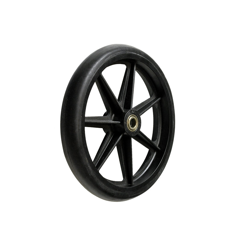 8 front caster wheel for the Drive Travelite Transport Chair, featuring a black wheel with a metal center, designed as an OEM replacement for enhanced mobility and stability.