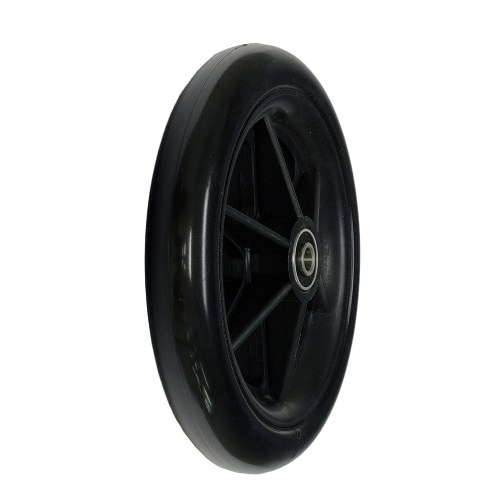 Front Caster Wheel for the Drive Viper Jr Wheelchair, featuring a black wheel with metal spokes and a metal center, perfect for replacing worn-out wheels on your wheelchair.