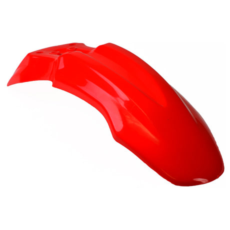 Red Front Fender for the 70cc Motovox MVX70 and Honda CRF70 Dirt Bike, showing a red plastic fender designed as a replacement part for various 70cc dirt bikes.