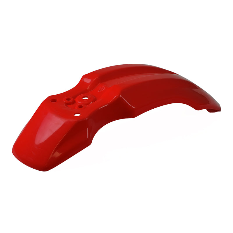 Red Front Fender for the 70cc Motovox MVX70 & Honda CRF70 Dirt Bike: Red plastic fender with multiple holes, designed as a replacement for most 70cc dirt bikes.