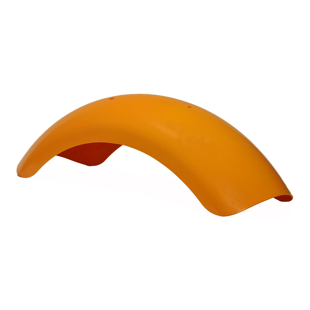 Orange-Yellow Plastic Front Fender for the Baja MB165 & MB200 mini bike, displaying a vibrant, seamless design with a smooth finish, easily installable on Baja Heat, Mini Baja, and Baja Warrior models.