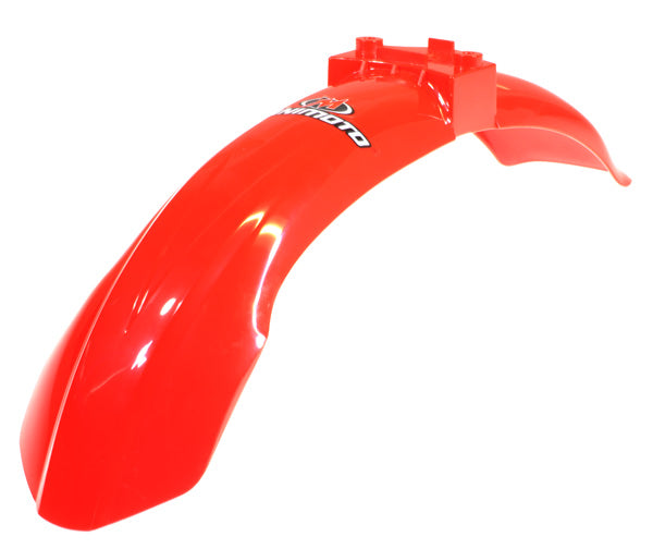 Front Fender for the Minimoto XRF500 Electric Dirt Bike, prominently featuring white text on a sleek red plastic design.