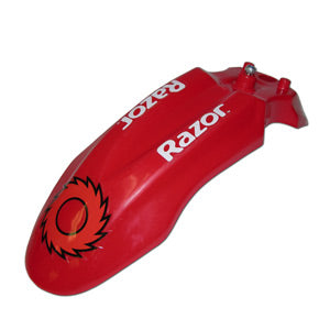 Front Fender for Razor MX500/MX650 Dirt Rocket, featuring a plastic design with a logo and white text. Suitable as a replacement part for all versions of these dirt bikes.