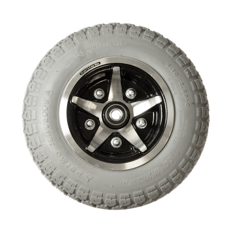 4.10/3.50-6 Front Foam-Filled Wheel Assembly for Pride Hurricane (PMV5001), featuring a silver 5-point star rim and a knobby tread pattern, designed for mobility scooters.