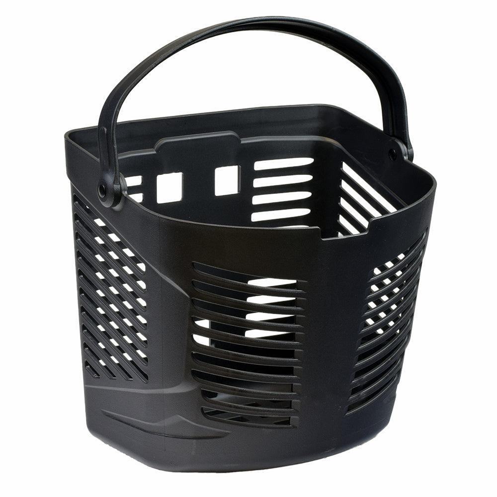 Front Plastic Basket for the Drive Bobcat, Phoenix, Scout DST, & Spitfire Scout Scooters, featuring a handle and perforated design for carrying bags, groceries, and other items while on the go.