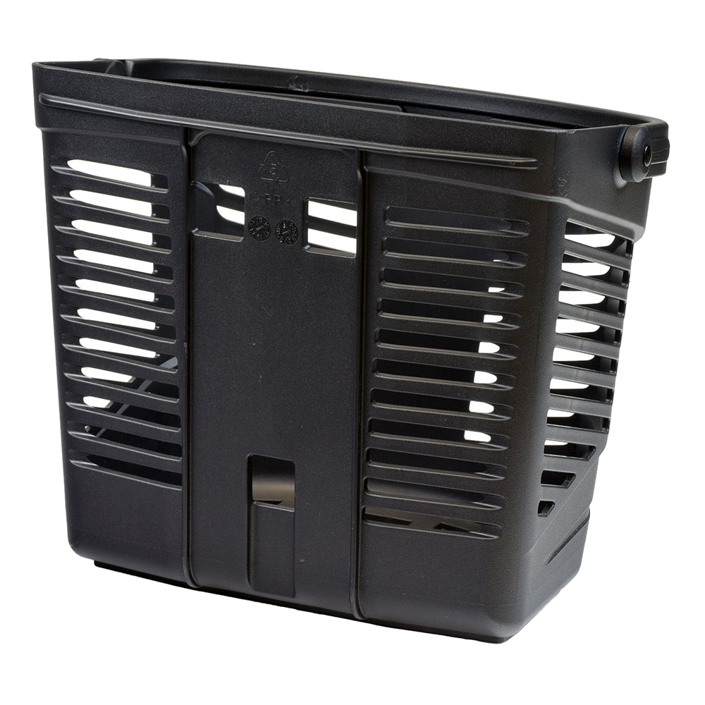 Front Plastic Basket for the Drive Bobcat, Phoenix, Scout DST, & Spitfire Scout Scooters, featuring a black design with multiple holes, ideal for carrying bags, jackets, groceries, and other cargo.