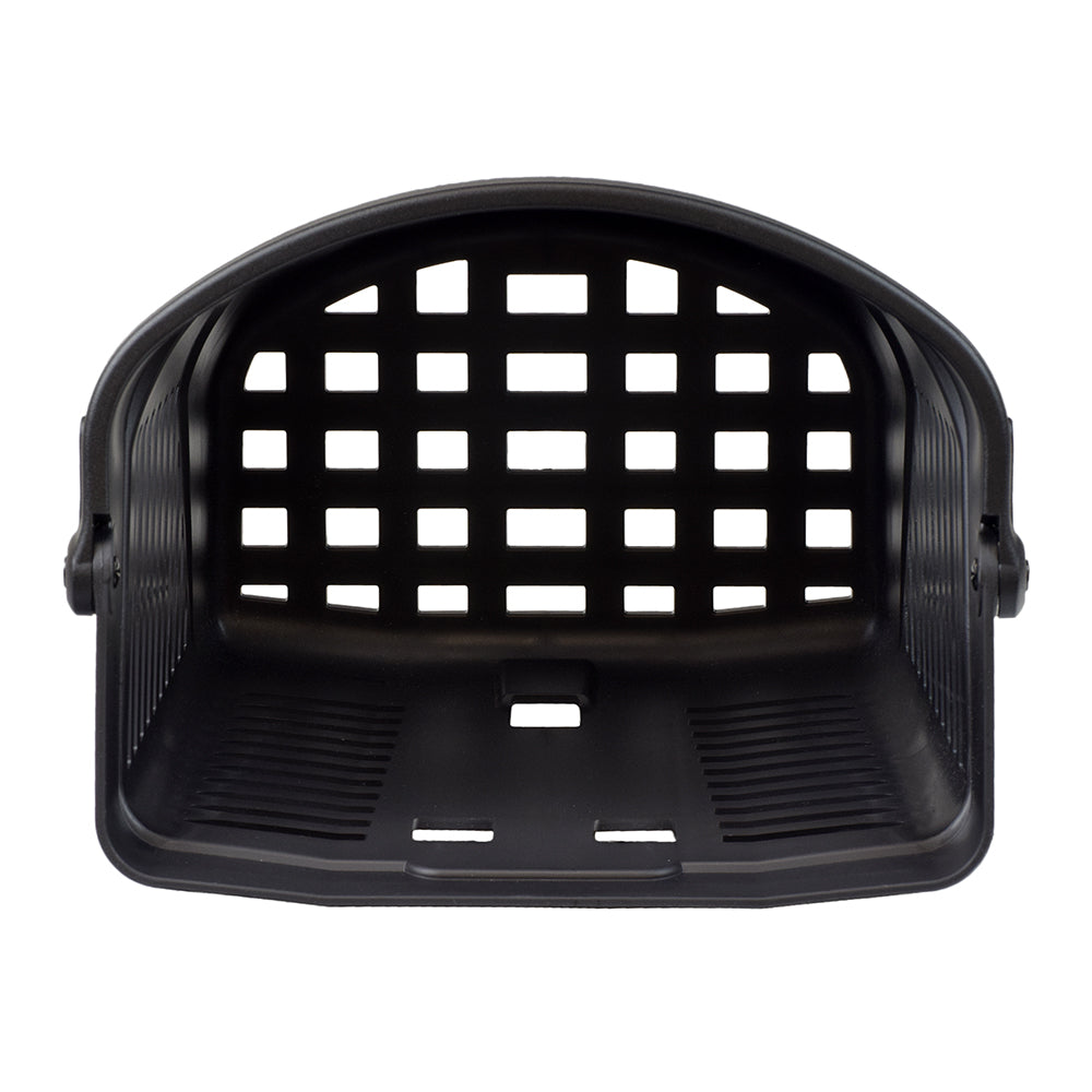 Front Plastic Basket for the Drive Bobcat, Phoenix, Scout DST, & Spitfire Scout Scooters, featuring a black plastic structure with holes, ideal for carrying bags, groceries, and extra cargo.