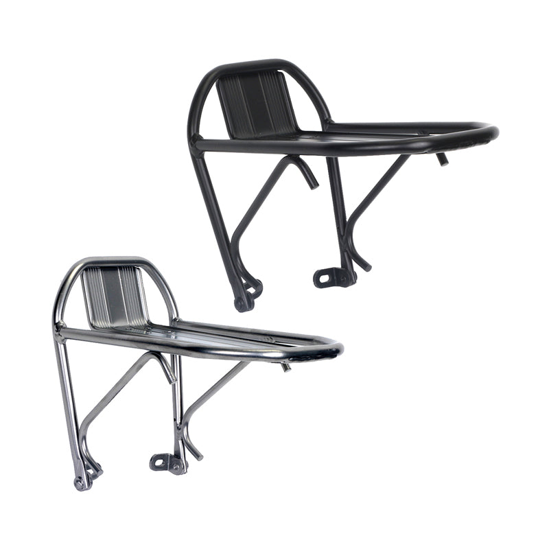 Front Rack accessory for bicycles or scooters, featuring a black and silver design with a sturdy build. Ideal for carrying items, enhancing functionality, and fitting various types of bikes and scooters.