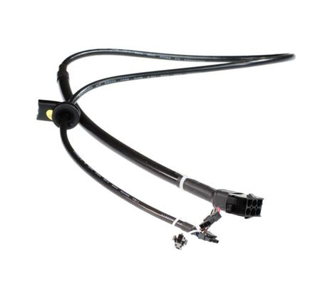 Front to Rear Wiring Harness for the Go-Go Elite Traveller, Elite Traveller LR, Elite Traveller Plus, Go-Go Ultra X, and Pride Travel Pro Mobility Scooters, featuring a close-up of a black cable with connectors.