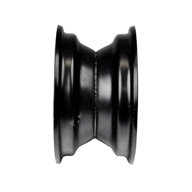 Front Rim for the Motovox MGK10, MGK11, and MGK12 Go Karts; close-up of a black wheel with detailed spokes and a central hub, essential for go-kart front wheel assembly.