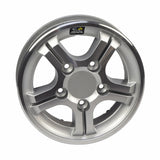 8 Rim for the Pride Pursuit XL (SC714): A sturdy silver alloy wheel with a sticker, designed for mounting 14 X 3 tires, featuring a 6-screw assembly for durability.