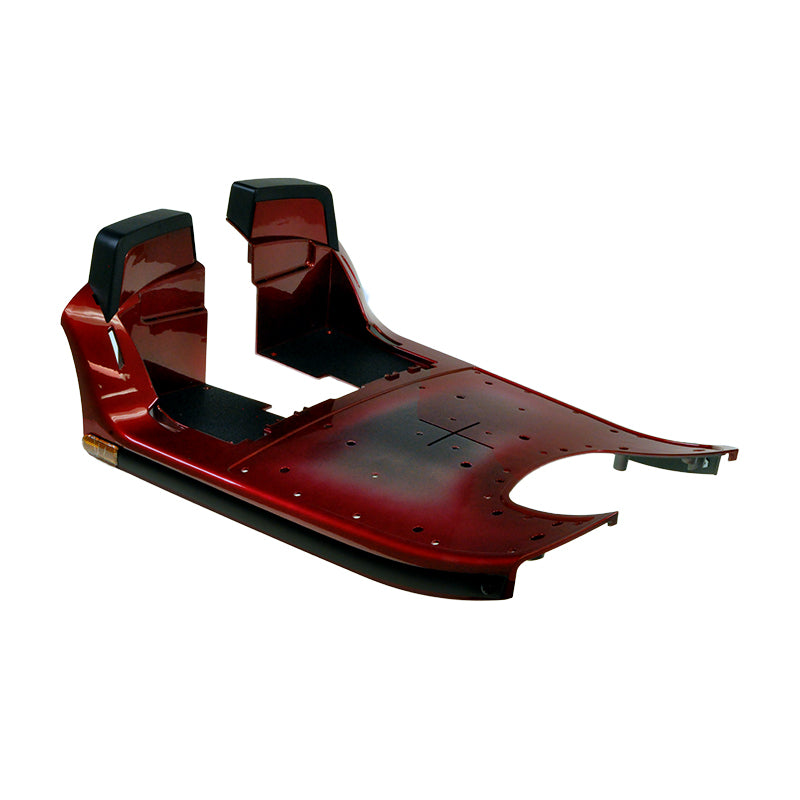 Red Front Shroud Assembly for the 3-Wheel Pride Victory 10 (SC610) mobility scooter, featuring a complete assembly with a metal shroud, rubber floor mat, trim, reflectors, and essential hardware.