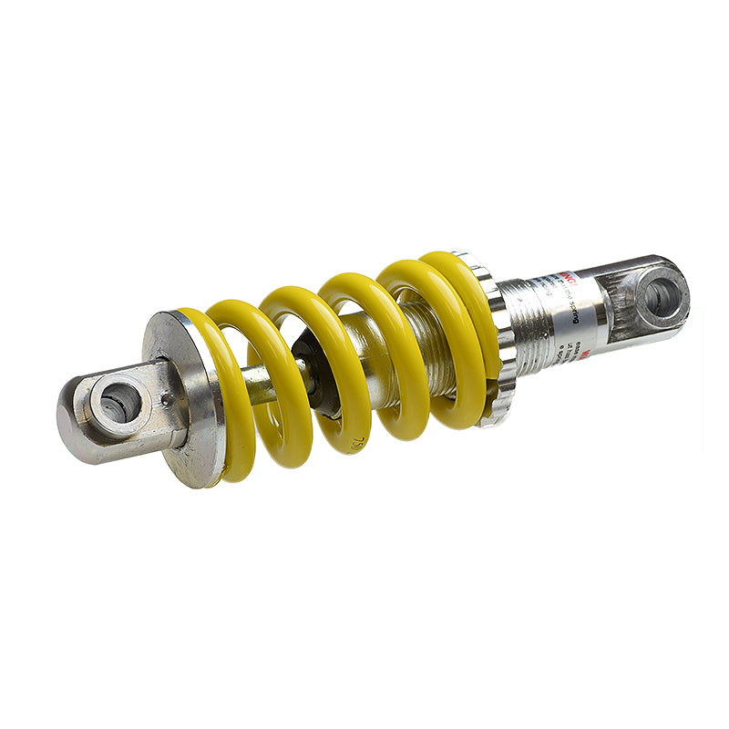 Front Strut/Shock Absorber Assembly for the Jazzy 614 HD featuring a yellow coil spring on a silver metal rod, designed for both left and right sides of the scooter.