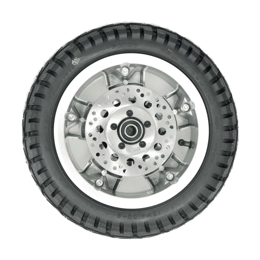 13x4 Pneumatic Front Wheel with Brake Disc Assembly for the Pride Pursuit XL, featuring a silver rim, black tire, and visible brake disc. Includes hub, five lug nuts, and wheel bearings.