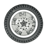 13x4 Pneumatic Front Wheel with Brake Disc Assembly for the Pride Pursuit XL, featuring a silver rim, black tire, and visible brake disc. Includes hub, five lug nuts, and wheel bearings.