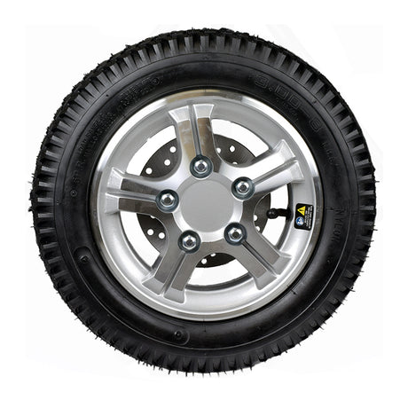 14 X 3 (3.00-8) Pneumatic Front Wheel Assembly for the Pride Pursuit XL (SC714) featuring a black tire with a silver rim, hub, and brake disc.