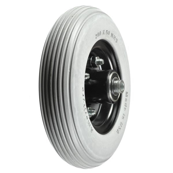 8x2 (200x50) Solid Front Wheel Assembly for the Amigo Centra, Deluxe, SmartShopper, and Travel Mate RD, featuring a black rim with a gray solid urethane tire.