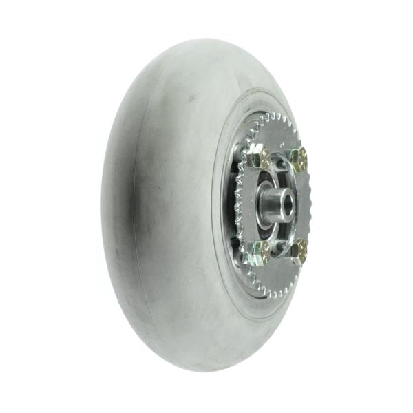 6 Solid Front Wheel Assembly for the Amigo Classic FD, FD, and ValueShopper (2009 and subsequent) featuring a solid gray tire with a silver metal rim.