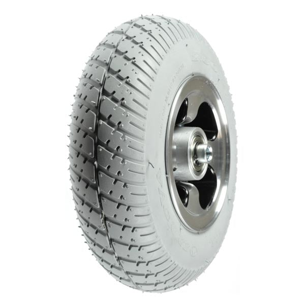 9x3 Foam-Filled Front Wheel Assembly for Amigo EXT350, HD450, MC, and RD, featuring a close-up of a gray tire with a silver rim, showcasing its tread and wheel structure.