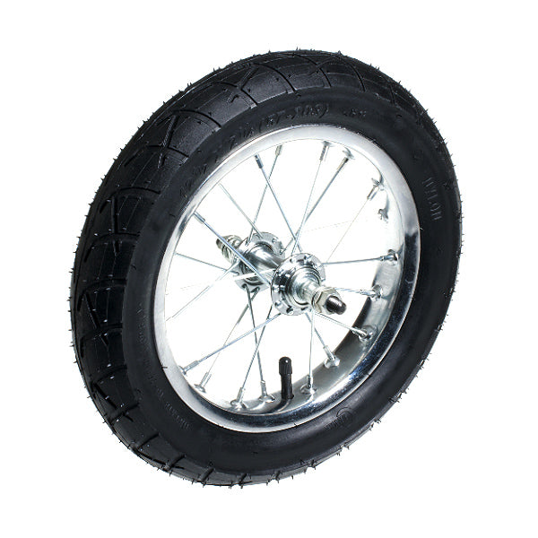 Front Wheel Assembly for Dynacraft Hello Kitty City Cruiser & Surge City Cruiser, featuring a black tire with silver spokes, close-up of the complete wire spoke rim, inner tube, and tire.