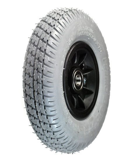 Close-up of the 8x2 (200x50) Gray Flat-Free Front Wheel Assembly with Black Rim for the Go-Go Travel Vehicle (SC44) and Go-Go Ultra (SC44U) 4-Wheel Mobility Scooter, highlighting the tire tread and rim design.