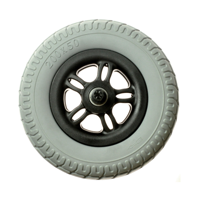 Front Wheel Assembly for the Merits Cruiser Q (S538) & Mini Coupe (S539), featuring a grey and black tire with visible tread and hubcap, designed for mobility scooters.