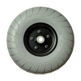 Front Wheel Assembly for the Merits Pioneer 10 (S341) Mobility Scooter, featuring a black rim and treaded synthetic rubber tire, shown in a close-up view.