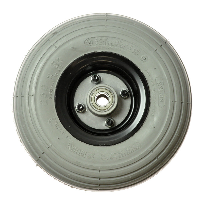 260x85 Flat-Free Front Wheel Assembly for the Merits Pioneer 9 (S331) Mobility Scooter, showcasing a circular, synthetic rubber wheel with a central hole, designed for durability and replacing worn-out parts.