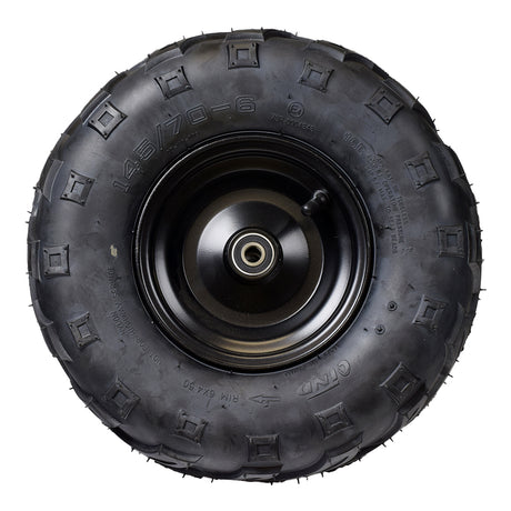 Front Wheel Assembly with 145/70-6 Tire for Motovox MBX10 and MBX11 Mini Bikes, featuring a black tire mounted on a black rim, close-up view showcasing tread and wheel bearings.