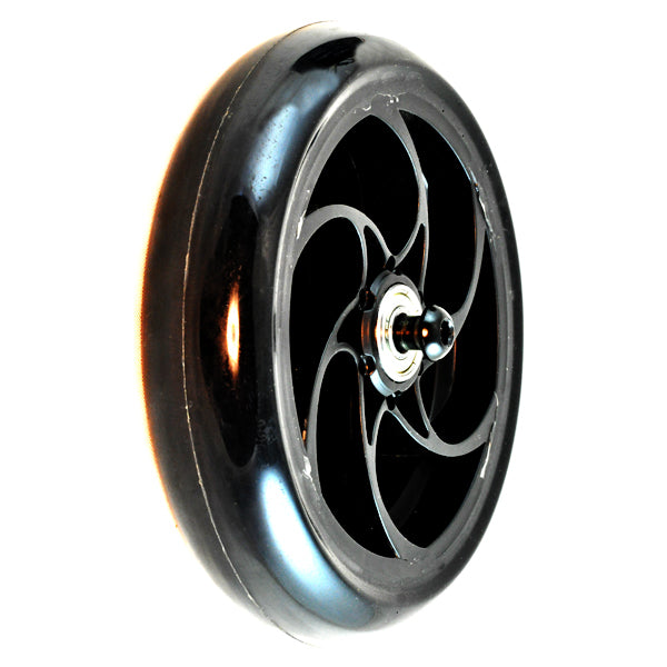 Front Wheel Assembly for Pulse Electric Scooters featuring a glossy black tire, black plastic rim, and 608ZZ bearings. Approximately 5-1/4 in diameter, suitable for various compatible models.