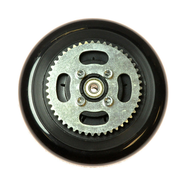 Front Wheel Assembly for the Razor Trikke E2 electric scooter, featuring a black wheel with an integrated silver metal gear, essential for smooth and efficient transportation.