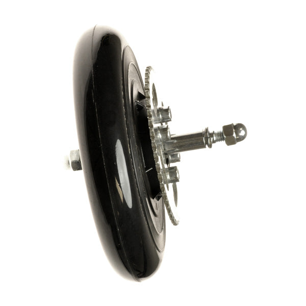 Front Wheel Assembly for the Razor Trikke E2 electric scooter, featuring a black round object with visible metal parts, showcasing a close-up of a black and silver machine component.