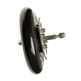 Front Wheel Assembly for the Razor Trikke E2 electric scooter, featuring a black round object with visible metal parts, showcasing a close-up of a black and silver machine component.