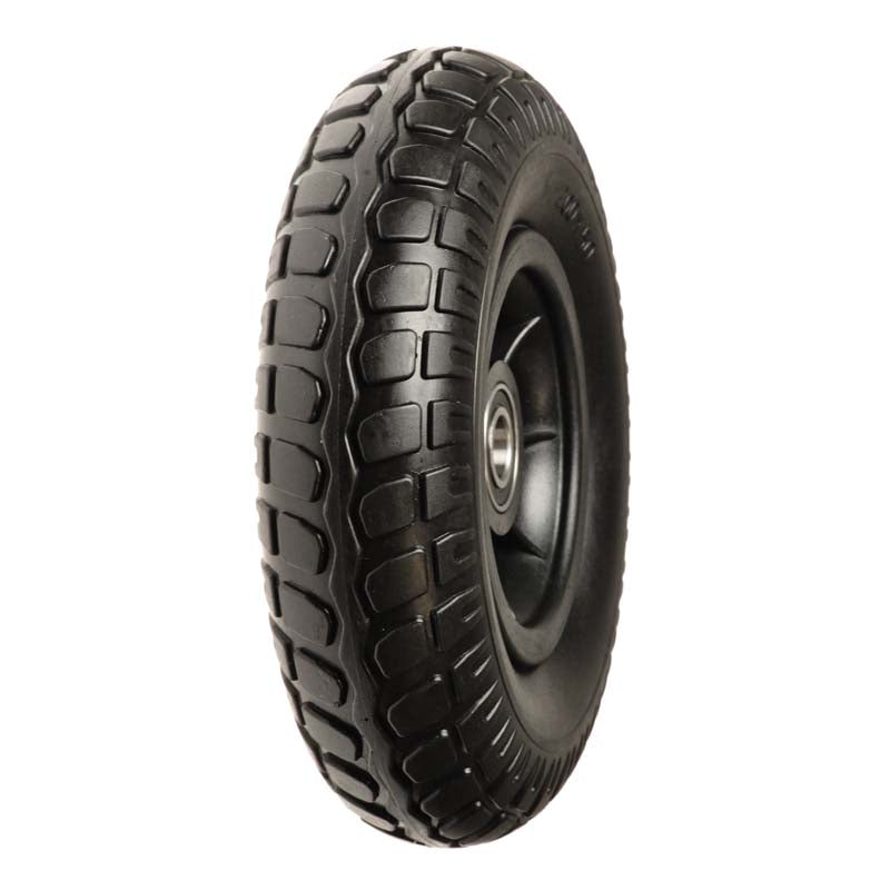 Black Flat-Free Front Wheel Assembly for the Drive Bobcat 4 Wheel, featuring a close-up of a black tire with a metal rim and visible tread pattern, suitable for automotive use.