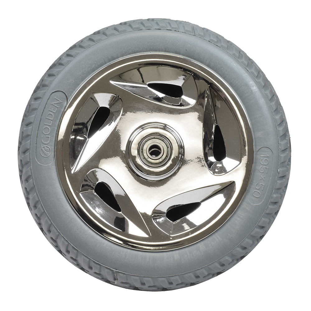 8x2 Gray Front Wheel Assembly for the Golden Buzzaround (GB101) featuring a silver plastic rim and installed bearings. The image shows a close-up of the wheel highlighting its detailed tread and hubcap.