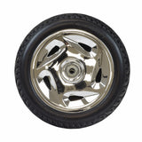 Front Wheel Assembly for the Golden Technologies Buzzaround XL (GB116) & Buzzaround Lite (GB106), featuring a tire with a shiny silver rim, designed for mobility scooters made after January 2010.