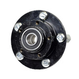 Front Wheel Hub Assembly for the Pride Mobility Pursuit Sport (MV714) & Victory XL (SC714), featuring a black and silver circular metal design with visible screws and bearings, crucial for wheel attachment.