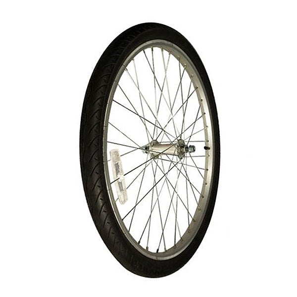 24 Bicycle Front Wheel Assembly for the Schwinn Meridian 24 Trike, featuring a black tire, metal spokes, tube, reflector, and a 24 aluminum rim.