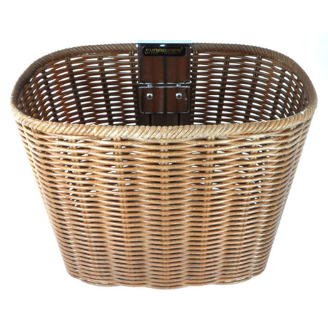 Front Wicker Basket for Shoprider Mobility Scooters, featuring a sturdy metal post for mounting. Ideal for storage or picnics, this wicker basket attaches to the front of Shoprider scooters.