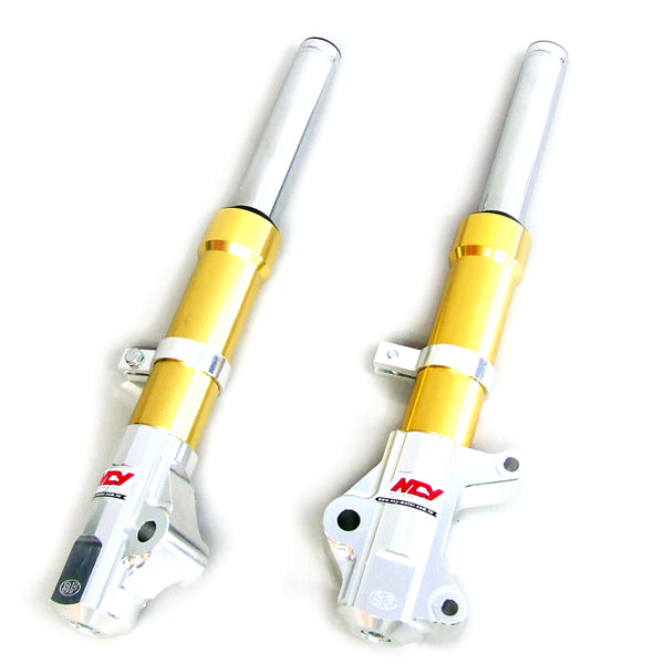 Front Forks for the Genuine Buddy 125 and Buddy 150, featuring a pair of metal cylinders in gold and silver finishes, designed by NCY for enhanced scooter performance.