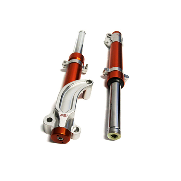 Front Forks for the Honda PCX by NCY, featuring red and silver shock absorbers designed for enhanced rigidity and handling, shown in close-up detail highlighting their superior material and construction.