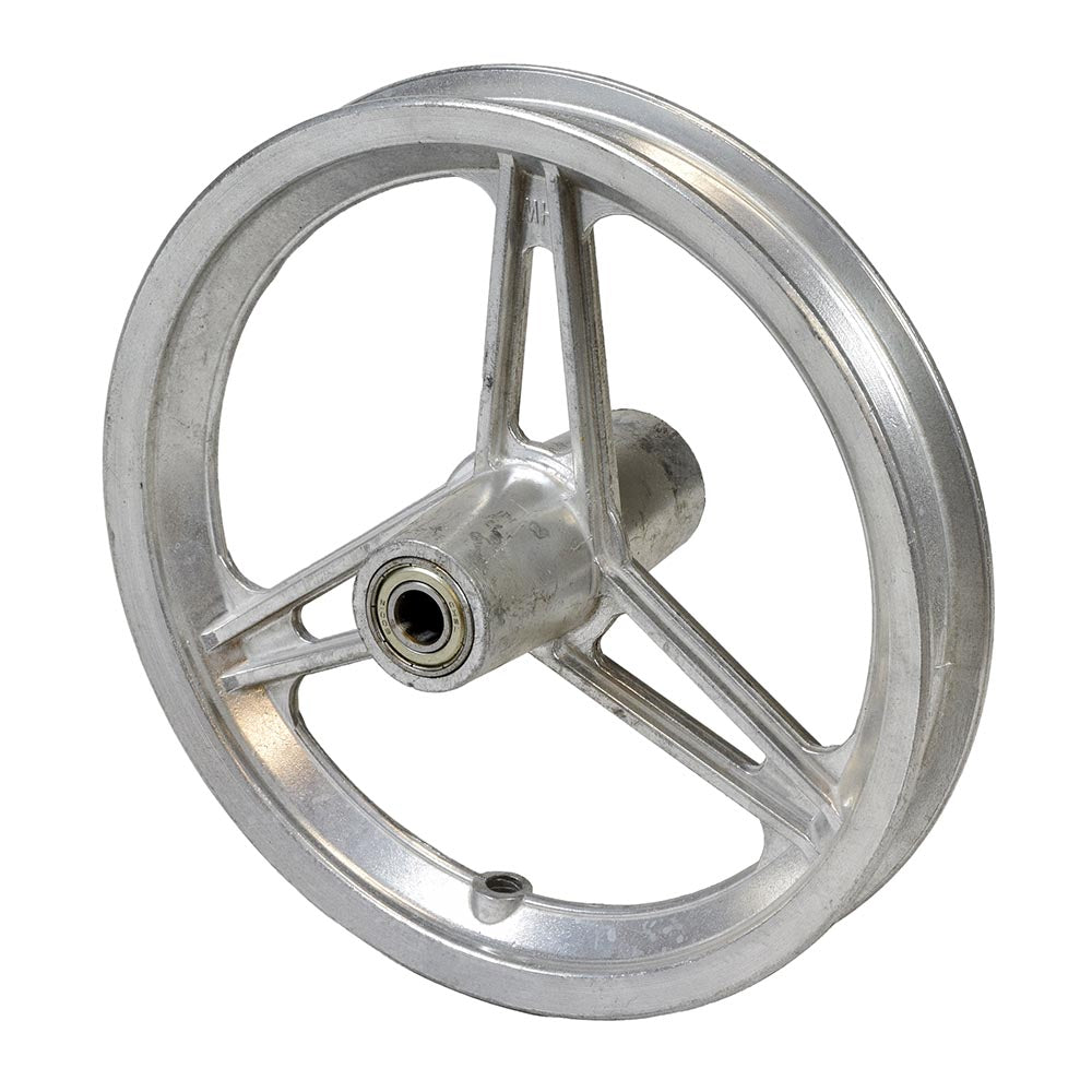 Close-up of a 12-1/2 x 2-1/4 front rim with three straight spokes and bearings, designed for various Currie-made scooter models.