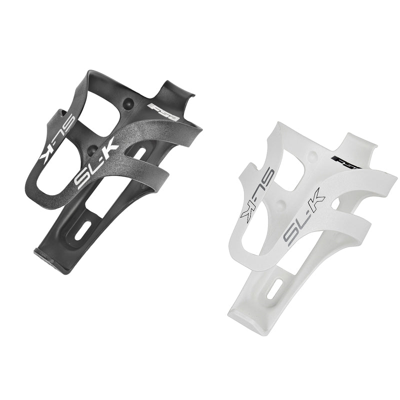 FSA SL-K Bottle Cage shown in black and white plastic designs, featuring a secure, stylish hold for water bottles.