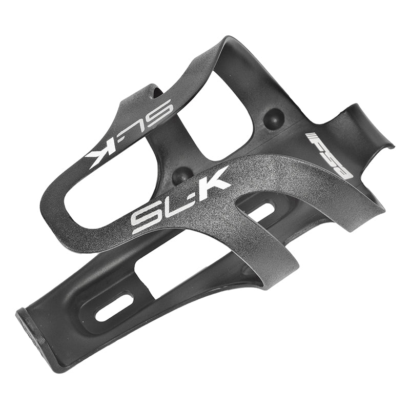 FSA SL-K Bottle Cage: A sleek, black plastic holder designed to securely grip your water bottle, featuring a minimalist SL-K graphic and durable stainless steel hardware. Ideal for cyclists seeking lightweight, reliable hydration solutions.